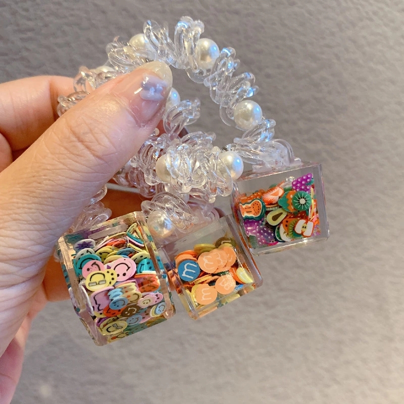 Korean-style smiling face hair tie for girls, Korean version cute sequined square girl hair tie, hair band, hair tie and hair accessory details Picture
