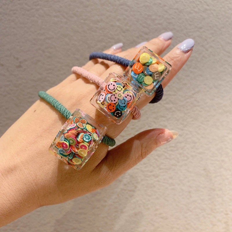 Korean-style smiling face hair tie for girls, Korean version cute sequined square girl hair tie, hair band, hair tie and hair accessory Application Scenario