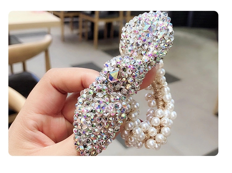 New Korean ins sparkling water diamond mesh, pearl bow tie, elastic pearl hair tie, hair band, rubber band ht Item Picture