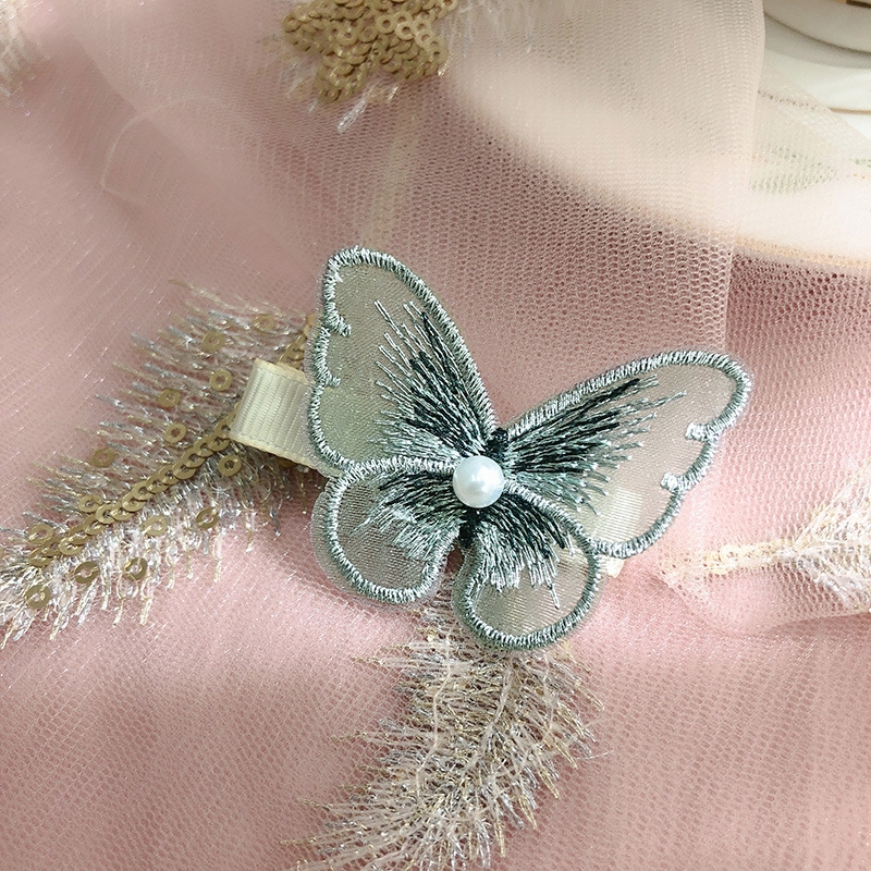 Fairy hair clip ins Korean pearl embroidery butterfly bangs clip mesh decoration clip Teenage girl side clip hair accessory Specification drawing