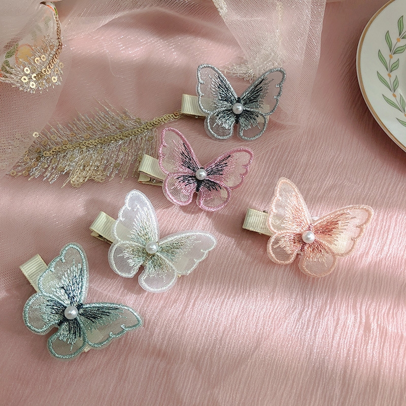 Fairy hair clip ins Korean pearl embroidery butterfly bangs clip mesh decoration clip Teenage girl side clip hair accessory details Picture