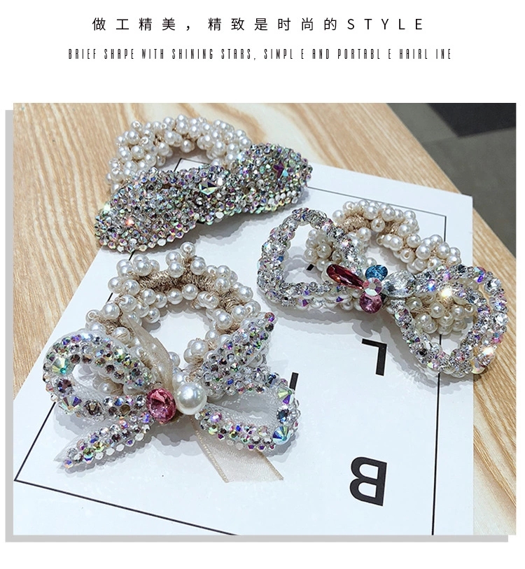 New Korean ins sparkling water diamond mesh, pearl bow tie, elastic pearl hair tie, hair band, rubber band ht Specification drawing