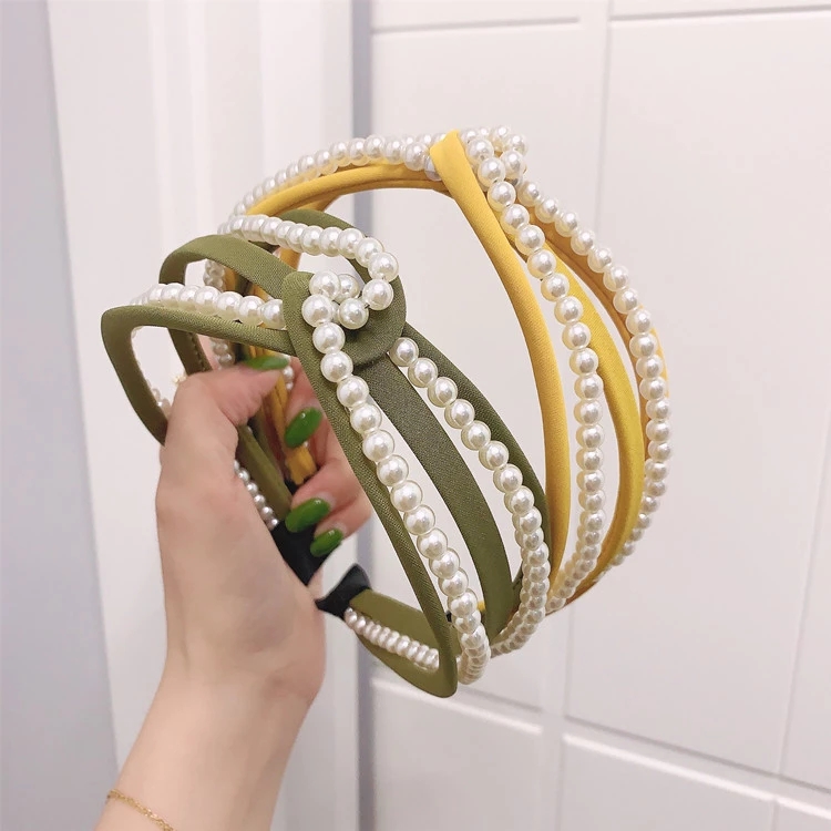 Korean candy-colored pearl beaded fabric hairband with a cross hook in the middle, wide edge lantern pressing hair accessory for women details Picture
