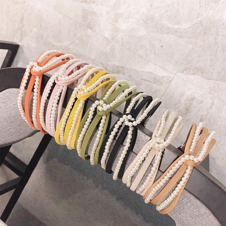 Korean candy-colored pearl beaded fabric hairband with a cross hook in the middle, wide edge lantern pressing hair accessory for women full figure
