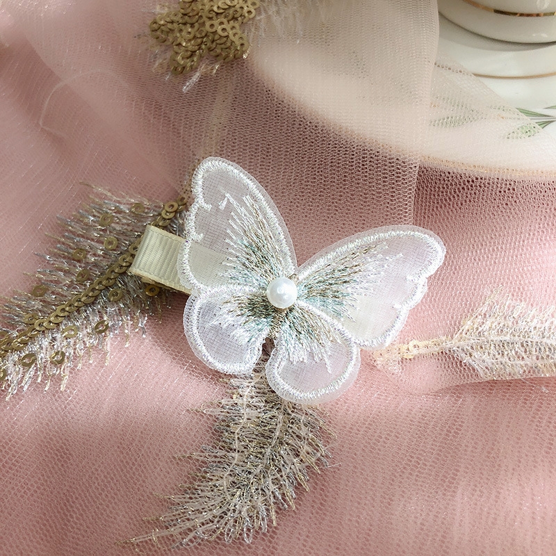 Fairy hair clip ins Korean pearl embroidery butterfly bangs clip mesh decoration clip Teenage girl side clip hair accessory Item Picture