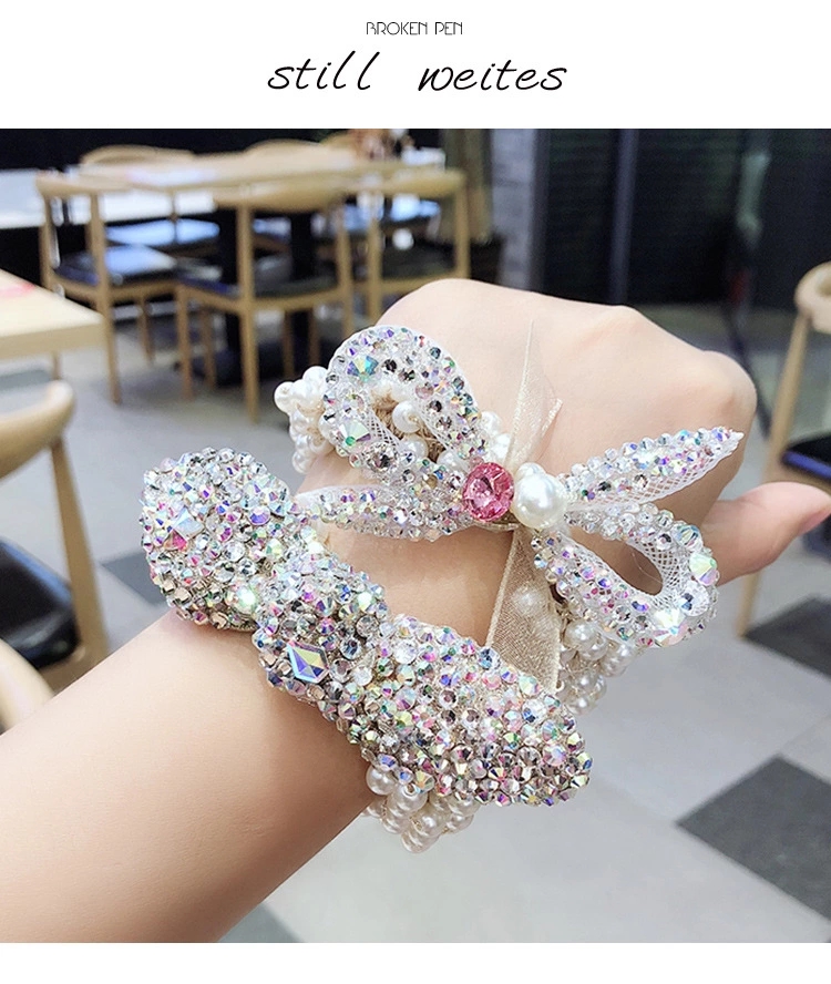 New Korean ins sparkling water diamond mesh, pearl bow tie, elastic pearl hair tie, hair band, rubber band ht full figure