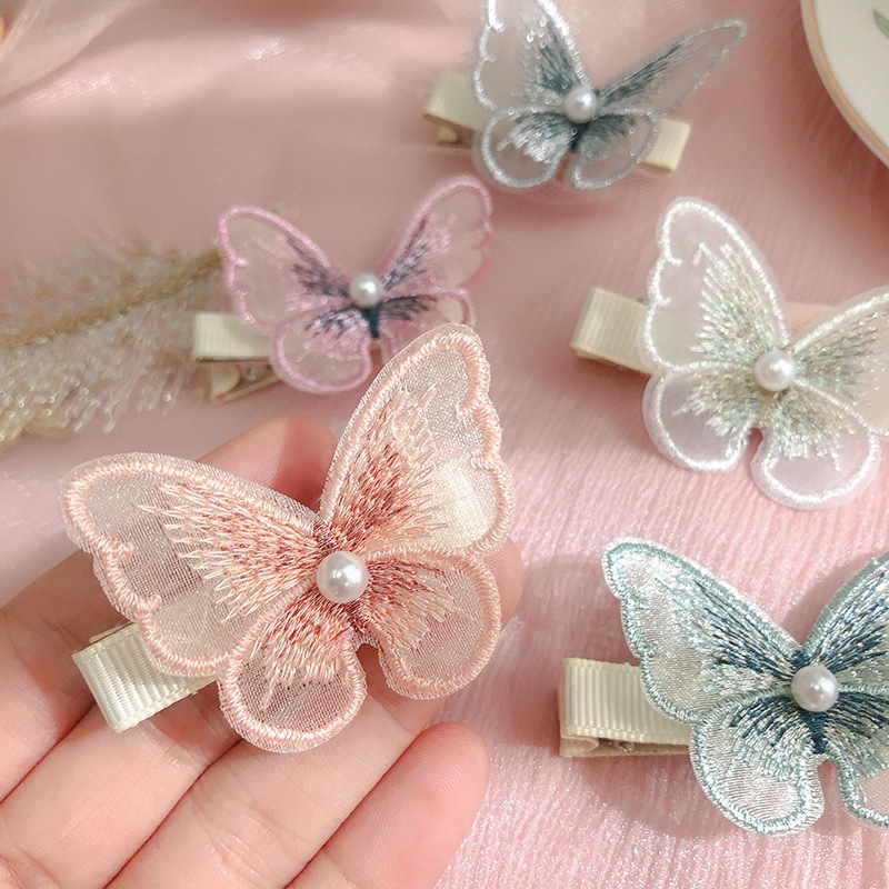 Fairy hair clip ins Korean pearl embroidery butterfly bangs clip mesh decoration clip Teenage girl side clip hair accessory full figure