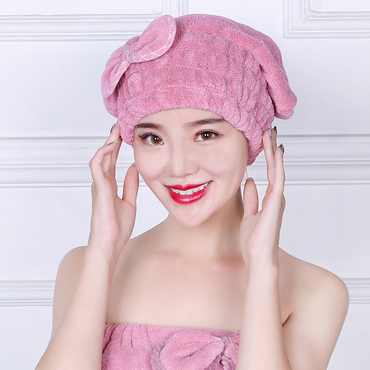 Warp-knitted coral velvet hair cap cute adult bow thickened absorbent soft non-fading hair cap thumbnail