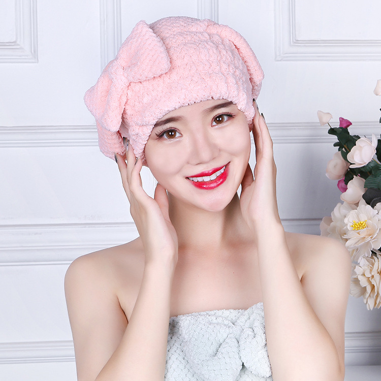 Warp-knitted coral velvet hair cap cute adult bow thickened absorbent soft non-fading hair cap thumbnail