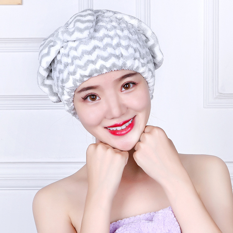 Warp braided coral velvet cationic water ripple dry hair cap double cute bow thickened absorbent soft not shedding hair thumbnail