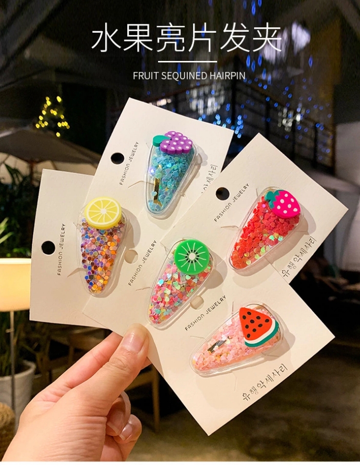Korean version cute baby colorful sequined bb clip, children's fruit flowing sand hair clip, girl side clip, girlish heart hair accessory full figure