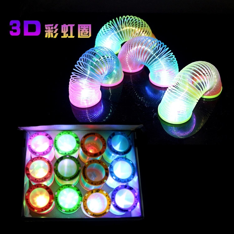 The street stall is selling popular toys such as luminous rainbow rings, 3D magic rainbow rings, flashing spring rings and magic rings full figure
