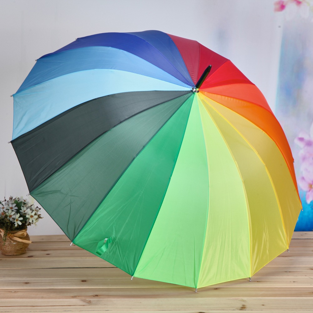 Factory direct sales: 16-bone gradient color straight pole rainbow umbrella, automatic long-handled windproof umbrella, creative advertising umbrella details Picture