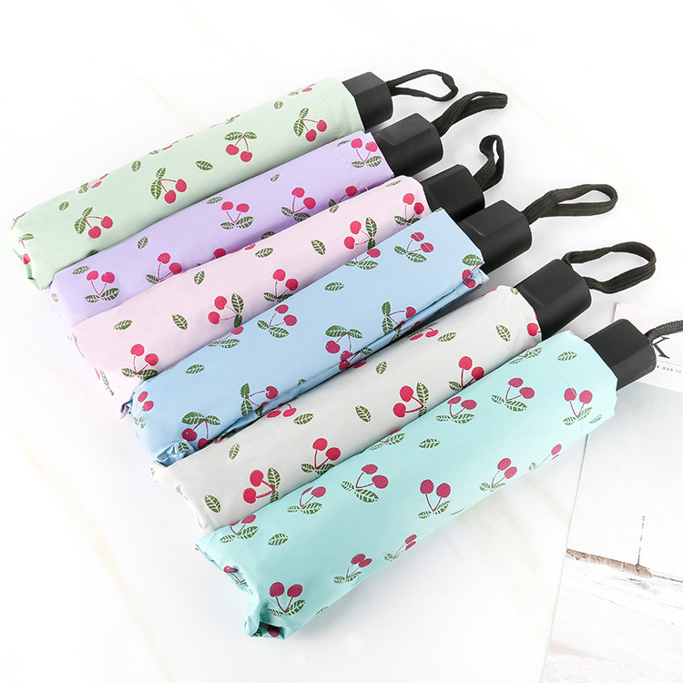 Creative folding black rubber umbrella, cute and fresh cherry three-fold sunshade umbrella, 8-bone manual sun protection and wind protection umbrella Specification image