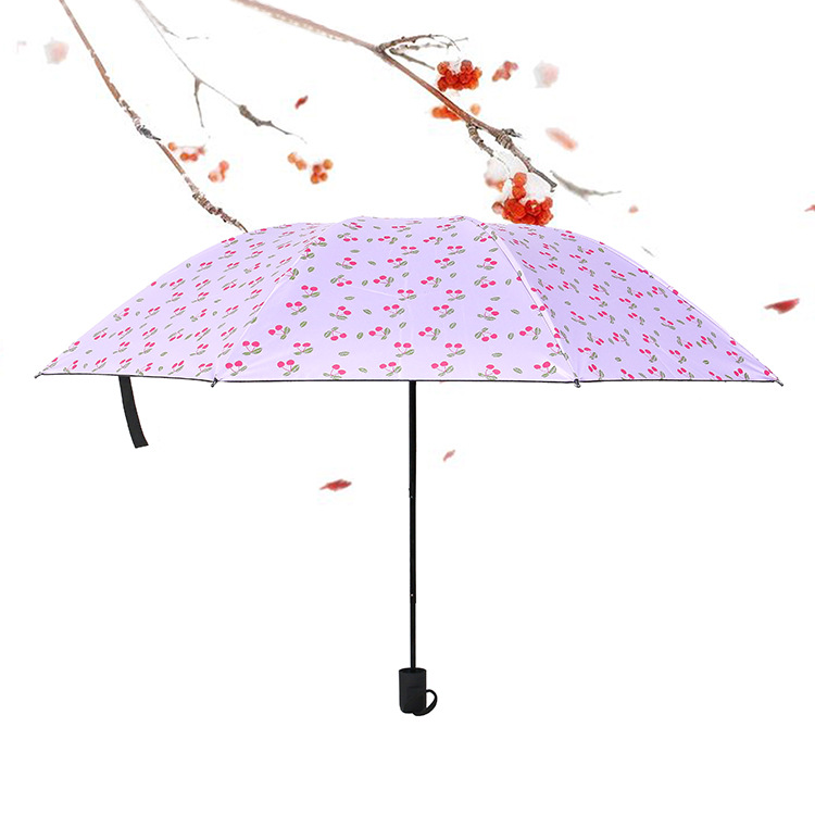 Creative folding black rubber umbrella, cute and fresh cherry three-fold sunshade umbrella, 8-bone manual sun protection and wind protection umbrella details Picture