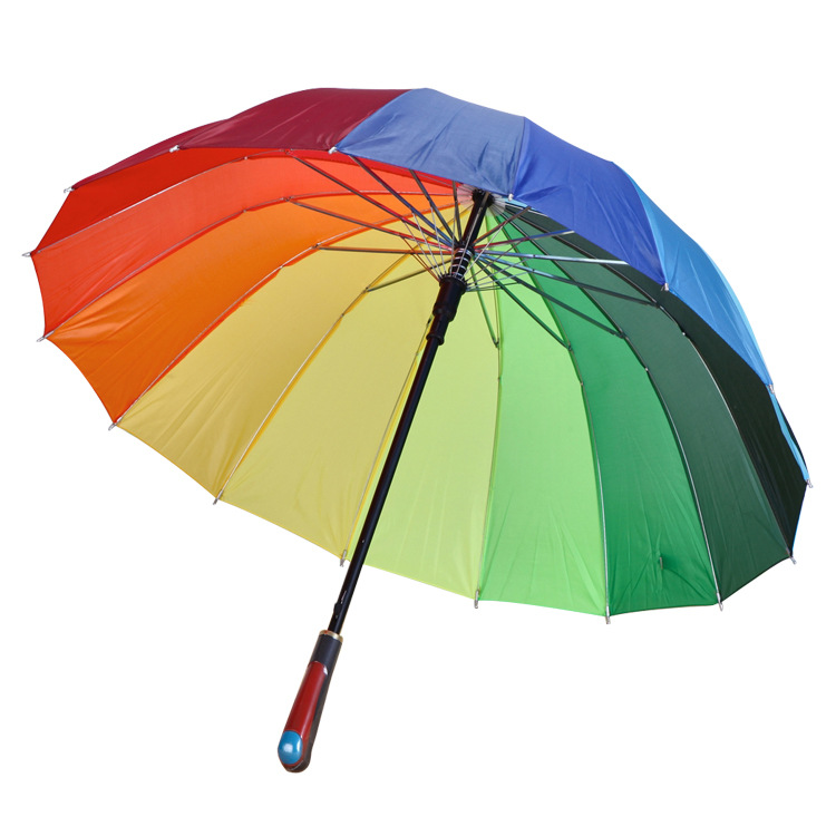 Factory direct sales: 16-bone gradient color straight pole rainbow umbrella, automatic long-handled windproof umbrella, creative advertising umbrella Item Picture