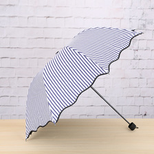 英伦风三折伞批发荷叶边海军条纹黑胶伞晴雨两用折叠广告雨伞