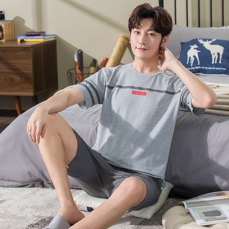 Factory wholesale men's pajamas, short-sleeved pure cotton casual wear, casual home wear for teenagers, summer thin shorts and sets details Picture