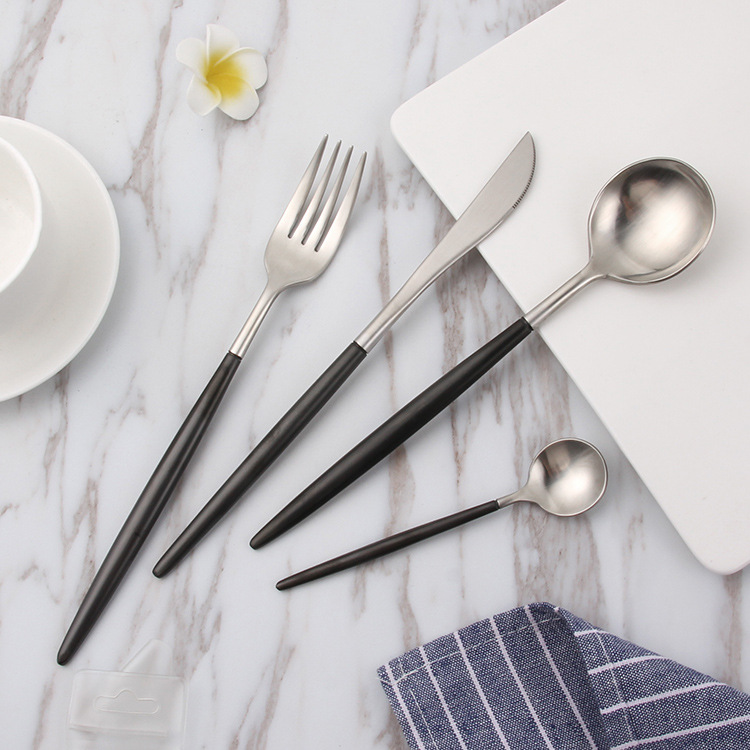 German 304 black stainless steel Western tableware, four-piece set of knife, fork and spoon, coffee spoon creative household tableware set Item Picture