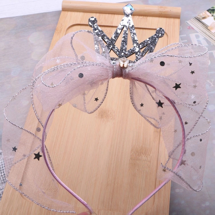 Summer children's mesh hair bands, princess-style crowns, shiny diamond bows, girls' headwear, Korean version girls' hair accessories wholesale Specification drawing