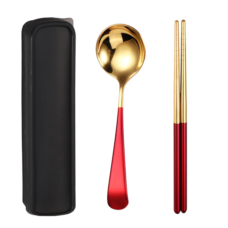 The popular 304 stainless steel dessert spoon, Korean-style titanium gold stirring spoon, children's eating soup spoon, portable box set, piano lacquer, mirror polishing, one-piece molding, durable and not easy to deform tableware set Item Picture