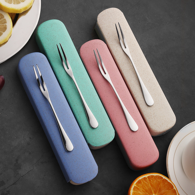 Korean-style tableware set, stainless steel Western cuisine two-toothed fruit fork, dessert fork, travel student portable set, family set details Picture