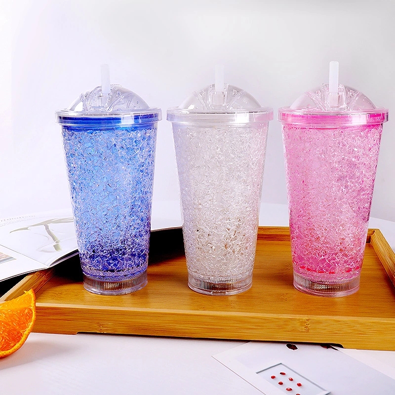 LED light-emitting cup, double-layer straw cup, novel milk tea cup customization, creative and colorful plastic straw, crushed ice cup wholesale Specification drawing