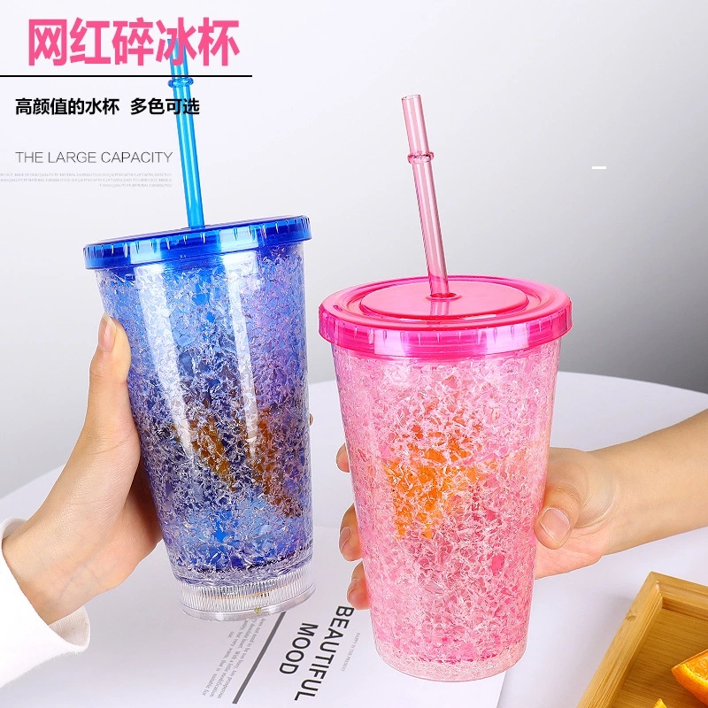 LED light-emitting cup, double-layer straw cup, novel milk tea cup customization, creative and colorful plastic straw, crushed ice cup wholesale details Picture