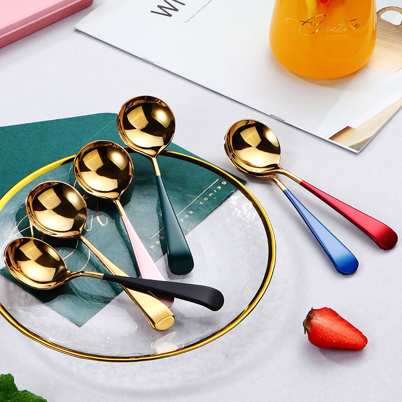 The popular 304 stainless steel dessert spoon, Korean-style titanium gold stirring spoon, children's eating soup spoon, portable box set, piano lacquer, mirror polishing, one-piece molding, durable and not easy to deform tableware set details Picture