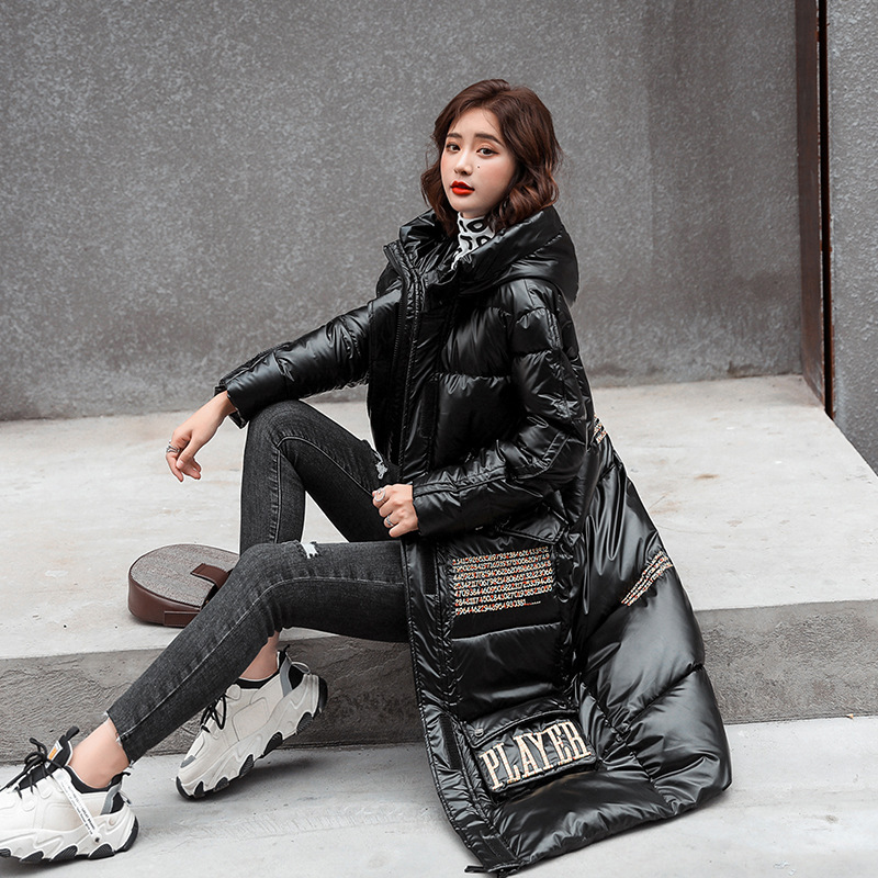 Embroidered cotton-padded jacket women's cross-border trade 2020 winter Korean version large size shiny women's long hooded down cotton-padded jacket women Specification image