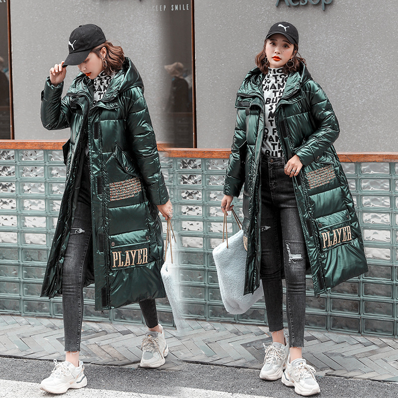 Embroidered cotton-padded jacket women's cross-border trade 2020 winter Korean version large size shiny women's long hooded down cotton-padded jacket women details Picture