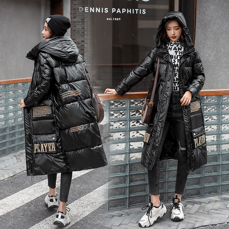 Embroidered cotton-padded jacket women's cross-border trade 2020 winter Korean version large size shiny women's long hooded down cotton-padded jacket women