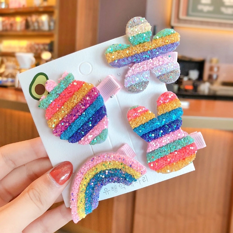 The 2022 Rainbow heart-shaped hairpin, a fresh and colorful hairpin headwear for children, and a bangs clip are selling well at street stalls Specification drawing
