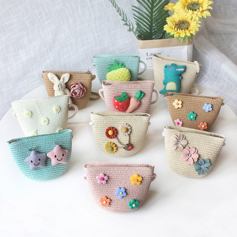 Summer children and babies crossbody bag, princess small bag, versatile coin purse, mini zipper straw woven bag for infants and toddlers full figure