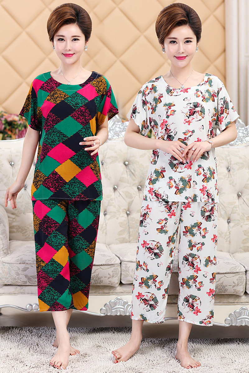 Summer wechat business bestsellers of loose and plus-size home wear for middle-aged and elderly people, artificial cotton and silk pajamas, short-sleeved mom sets Specification image