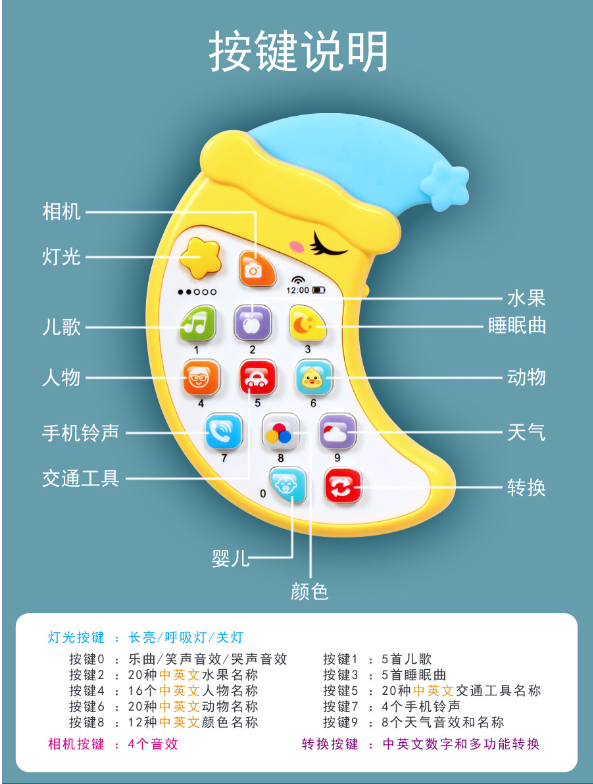 Children's music early education mobile phone toys, educational bilingual, chewable phone cartoon moon baby toys for 0-3 years old details Picture