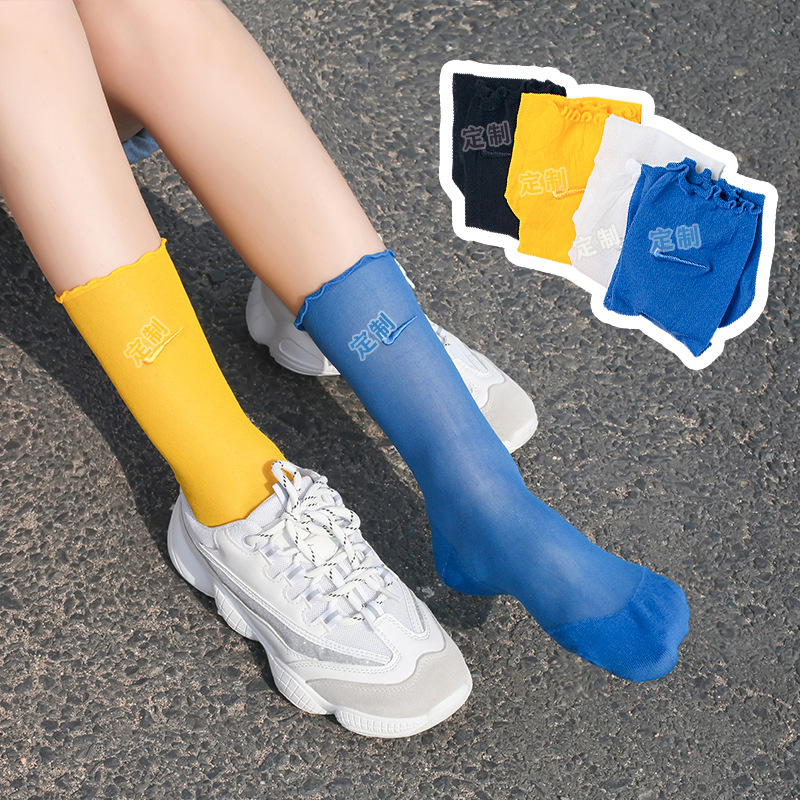 Lace embroidery, colorful black fungus edge, hooked stockings, transparent trendy candy, solid color anti-hook stockings Application Scenario