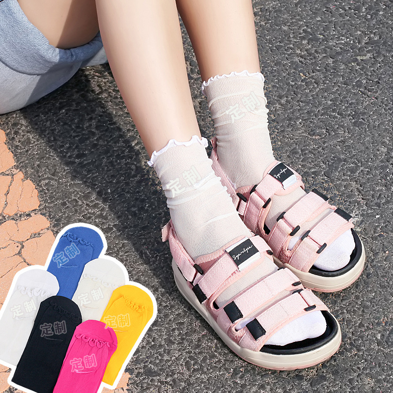 Lace embroidery, colorful black fungus edge, hooked stockings, transparent trendy candy, solid color anti-hook stockings details Picture