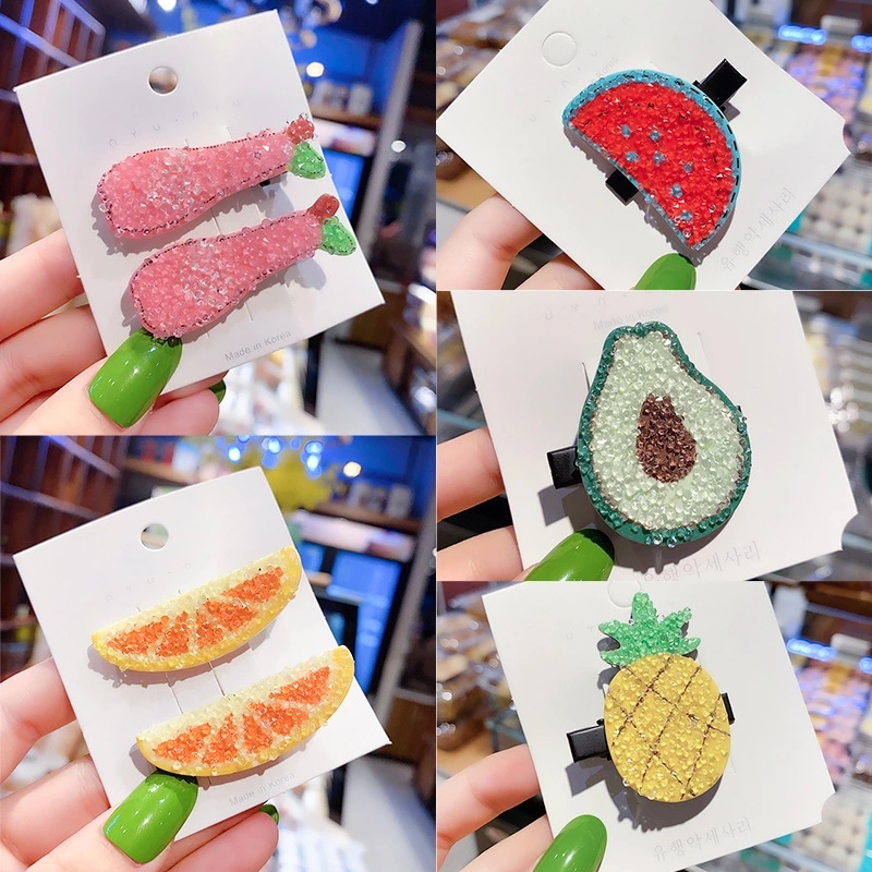 Cute girl fruit diamond hair clip, new baby back head bb clip, Korean cartoon bangs clip, children's hair accessory Application Scenario
