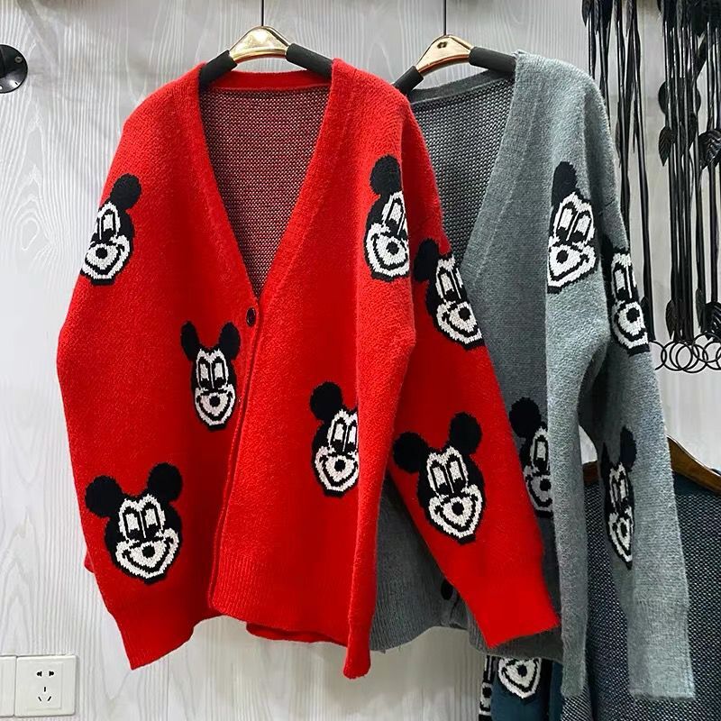 新款韩版动漫卡通米奇长袖针织衫开衫女宽松时尚毛衣外套
