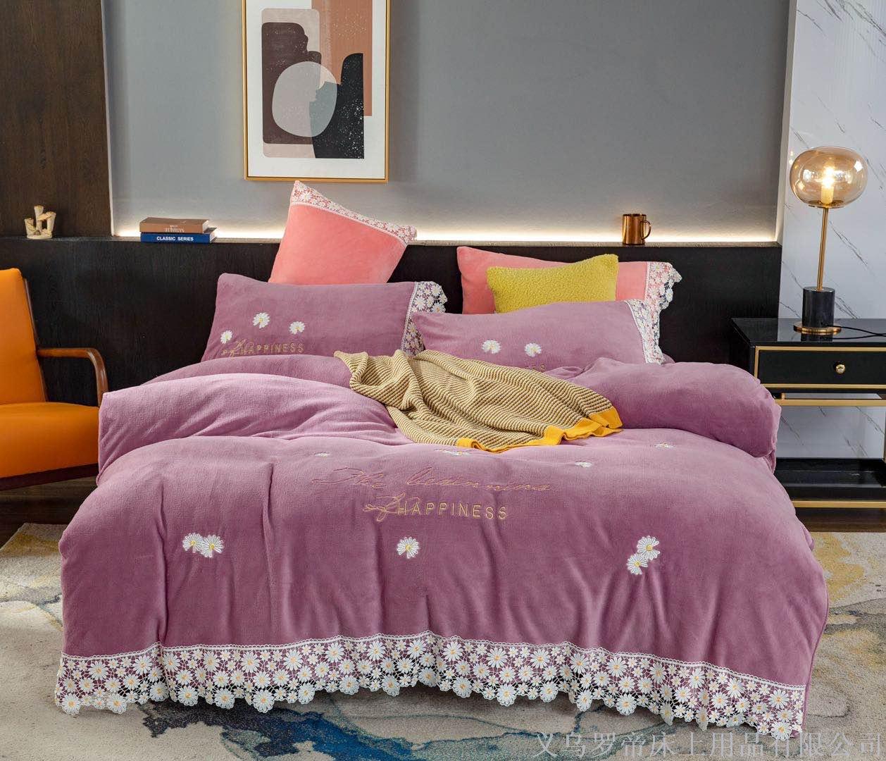 Engrosado cristal de terciopelo conjunto de cuatro piezas otoño/invierno cama cálida sábanas de coral de doble cara de terciopelo funda edredón franela de leche color sólido details Picture