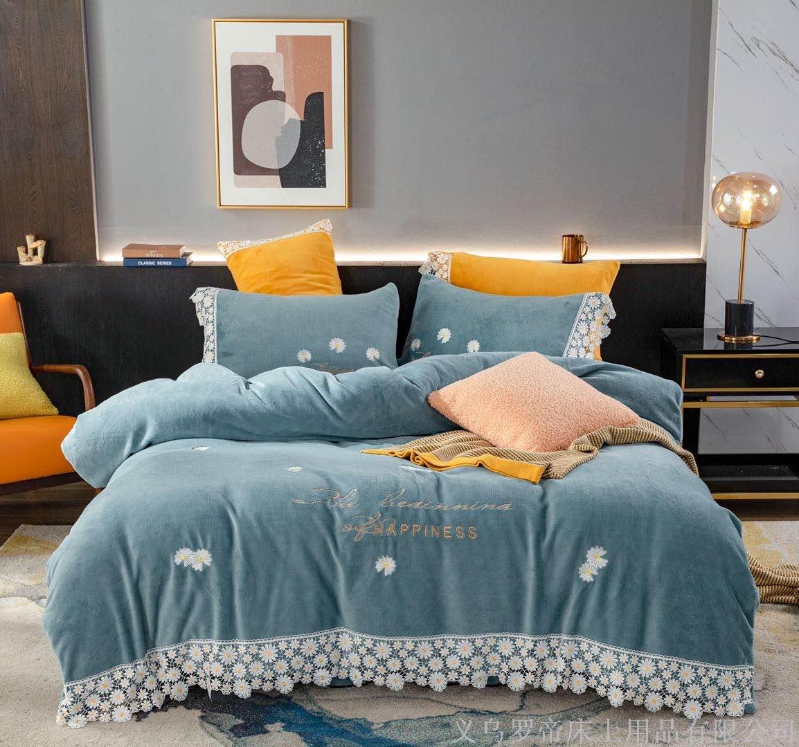 Thickened crystal velvet four-piece set for warm autumn and winter bed, double-sided coral velvet bed sheet and duvet cover, milk flannel solid color Specification image