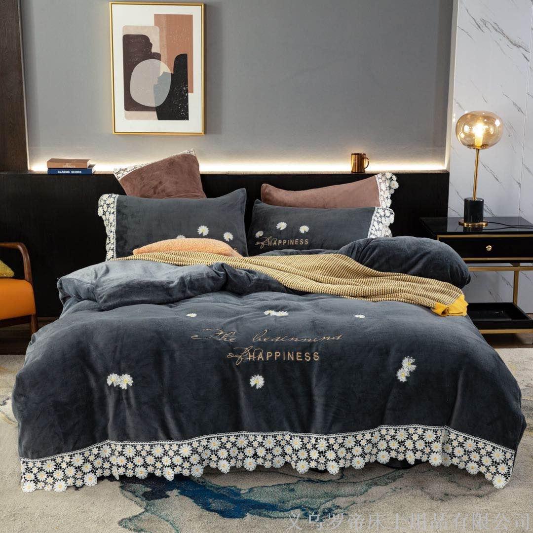 Engrosado cristal de terciopelo conjunto de cuatro piezas otoño/invierno cama cálida sábanas de coral de doble cara de terciopelo funda edredón franela de leche color sólido Item Picture