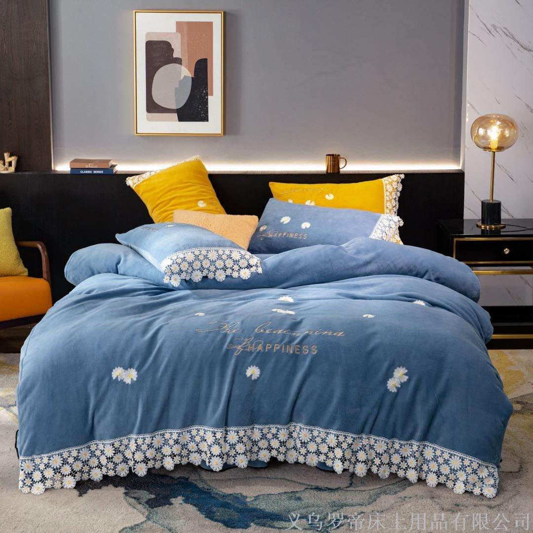 Thickened crystal velvet four-piece set for warm autumn and winter bed, double-sided coral velvet bed sheet and duvet cover, milk flannel solid color details Picture