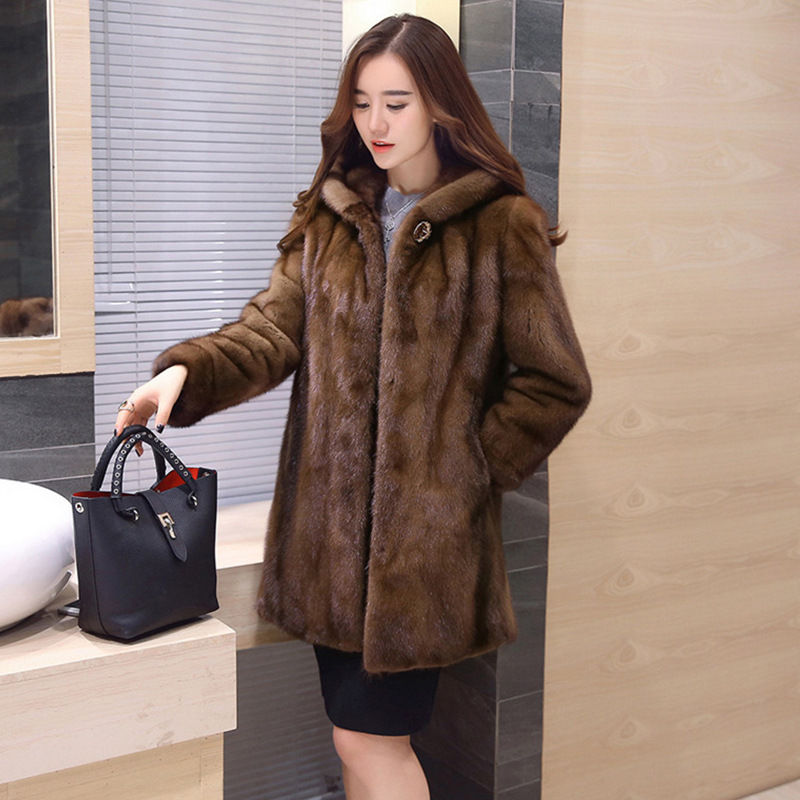 New women's mink faux fur coat, mid-length faux mink coat with hat, large-sized fur, casual and warm Specification image