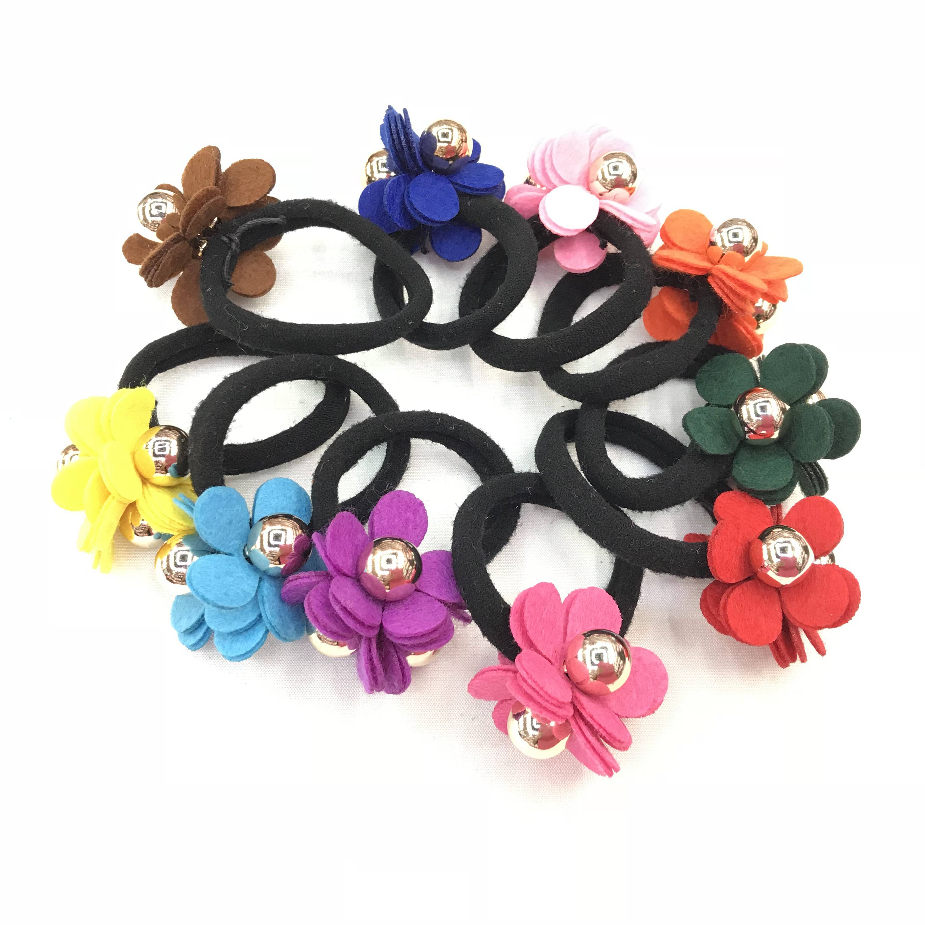 Nylon high stretch tie with 3 floral beads leather band adult scrunchie