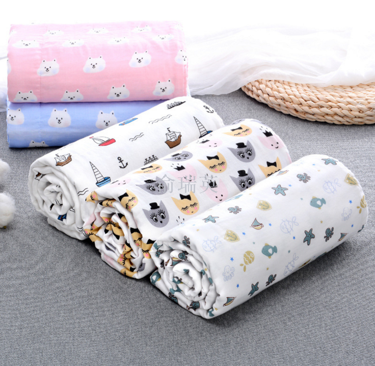 The new water-washed 110*110 combed cotton high-density gauze children's blanket with double-sided printed baby bath towel is soft and absorbent Item Picture