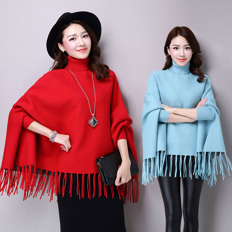 In stock: bat-sleeve knitted sweater for women, tassel cape, shawl, autumn and winter women's wear, Korean style loose pullover sweater for women Specification image