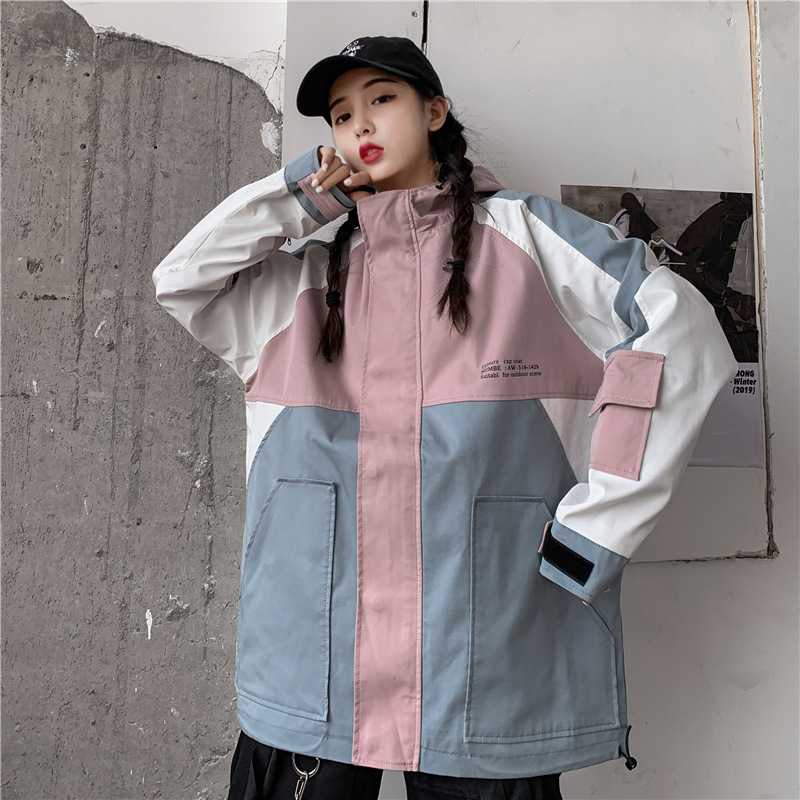 Harajuku style casual student workwear color-block baseball jacket for women 2020 autumn new style bf loose salt hooded jacket Item Picture