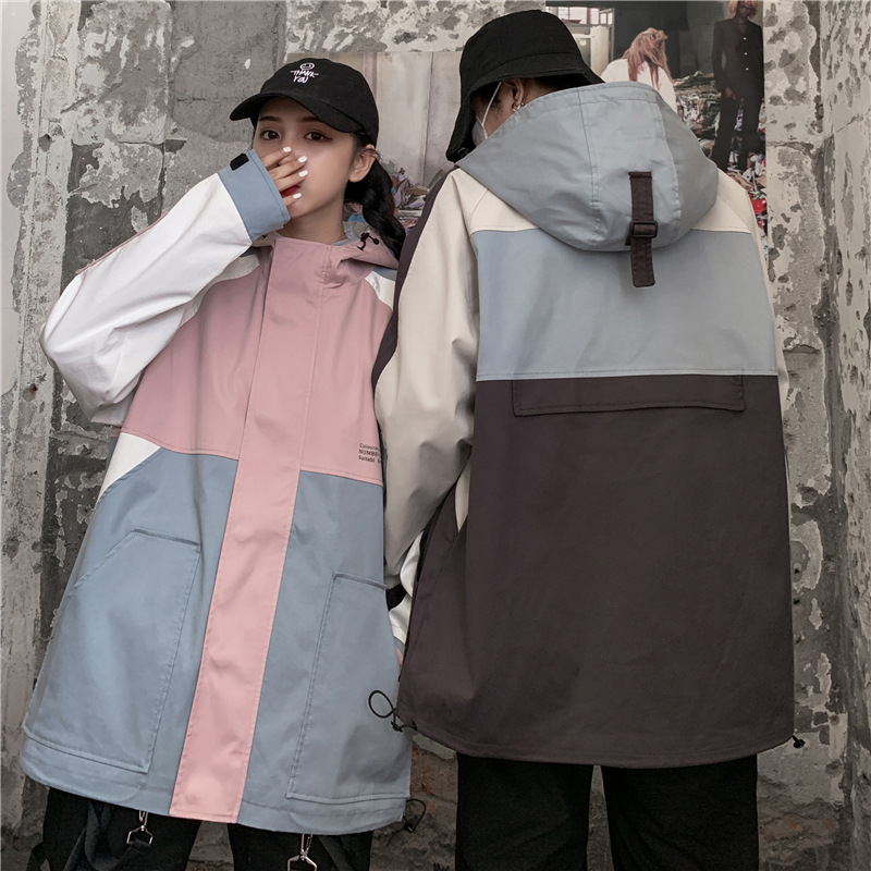 Harajuku style casual student workwear color-block baseball jacket for women 2020 autumn new style bf loose salt hooded jacket details Picture